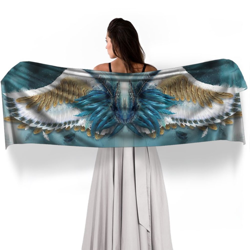 Blue & Gold Angel Feather Wings X-Long Crepe Scarf Wrap - Picture 4 of 13